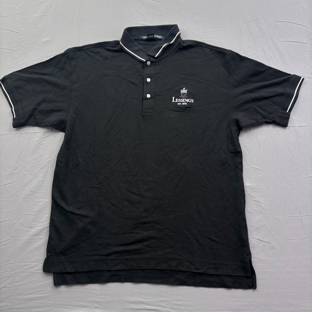 Devon & Jones Mens Black Pima Cotton Polo Shirt Lessings Logo Tipped Trim Large